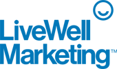 A green background with blue text that says livewell marketing.